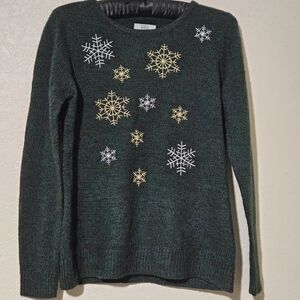 Holiday Sweater With Silver And Gold Embroidered Snowflakes